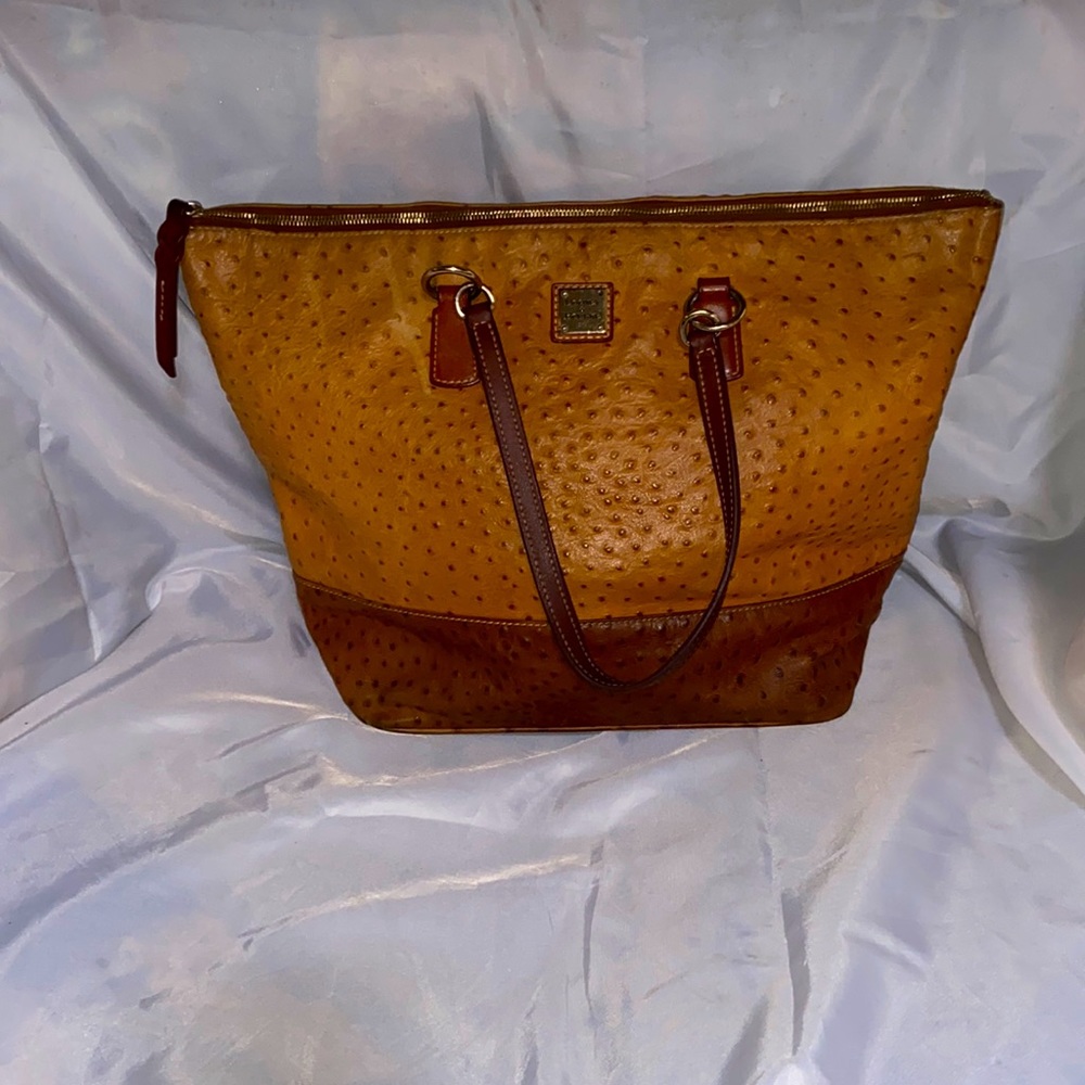 Dooney and Bourke large ostrich texture leather tote in tan and brown